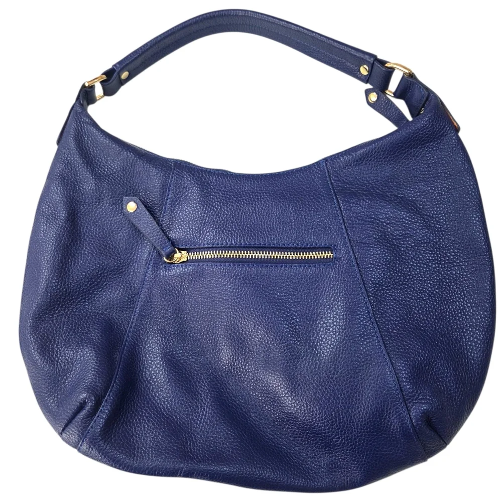 Kirsten Bell For Erica Anenberg Genuine Leather Tribeca Hobo Bag Blue Gold Zip